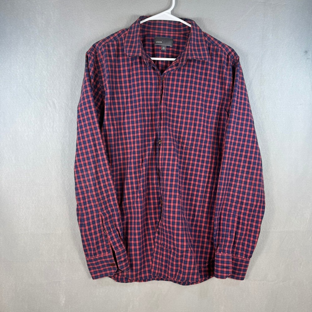 Vince Mens Large Red Navy Blue Plaid Check Button Down Cotton Shirt L/G